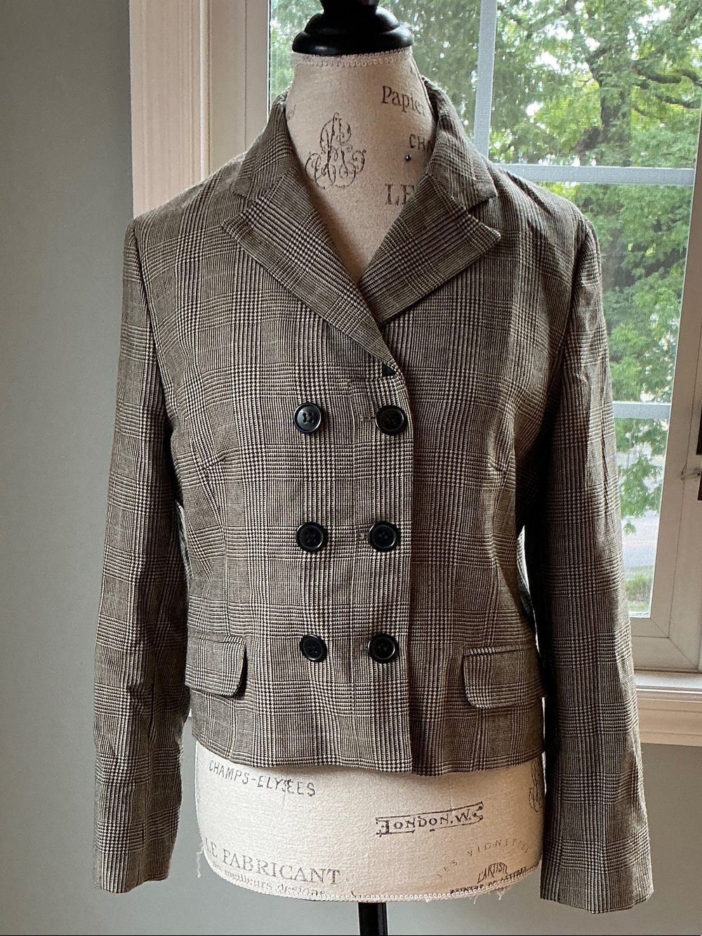 CHLOÊ 2000’s wool double breasted brown and blue plaid cropped blazer 42
